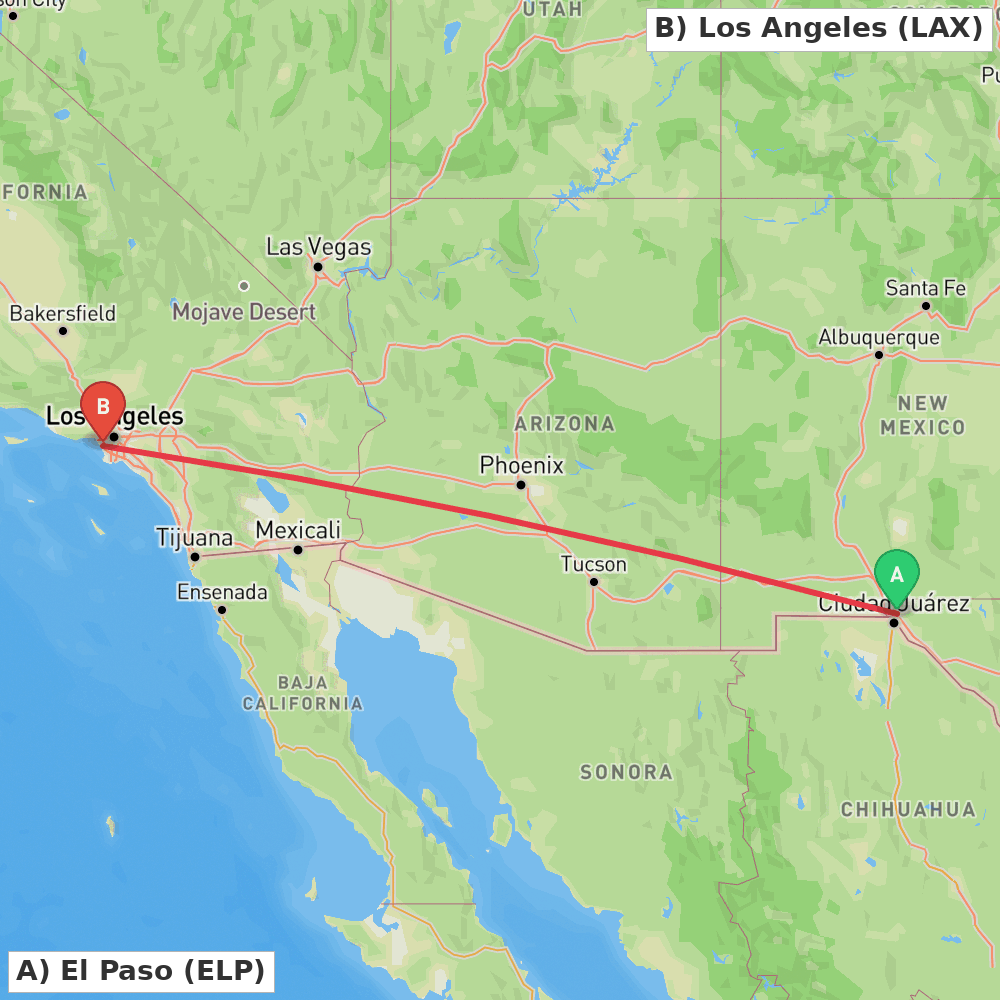 Flight route map from El Paso to Los Angeles