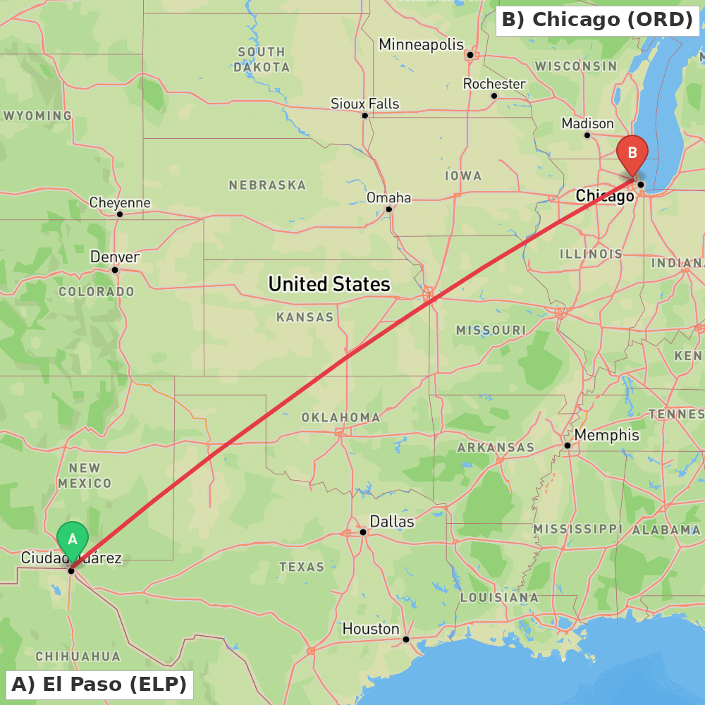 Flight route map from El Paso to Chicago