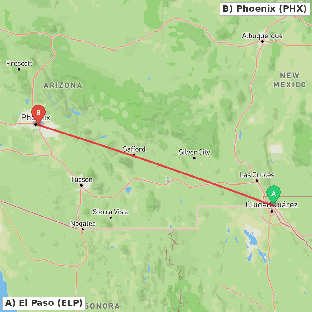Flight route map from El Paso to Phoenix