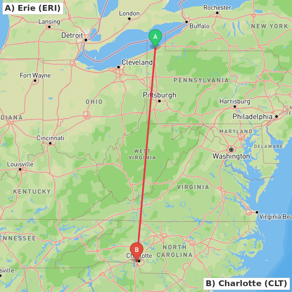 Flight route map from Erie to Charlotte