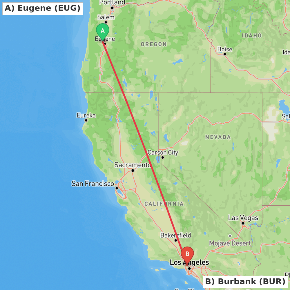 Flight route map from Eugene to Burbank