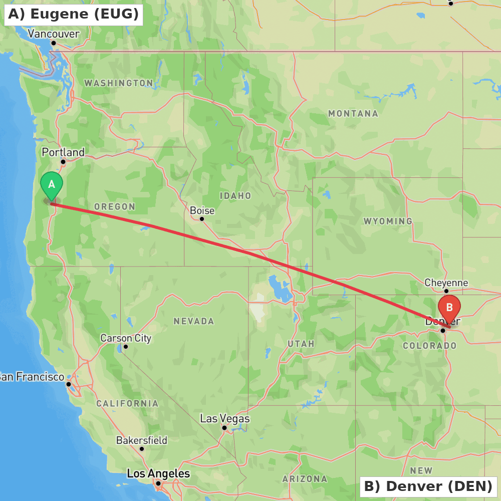 Flight route map from Eugene to Denver