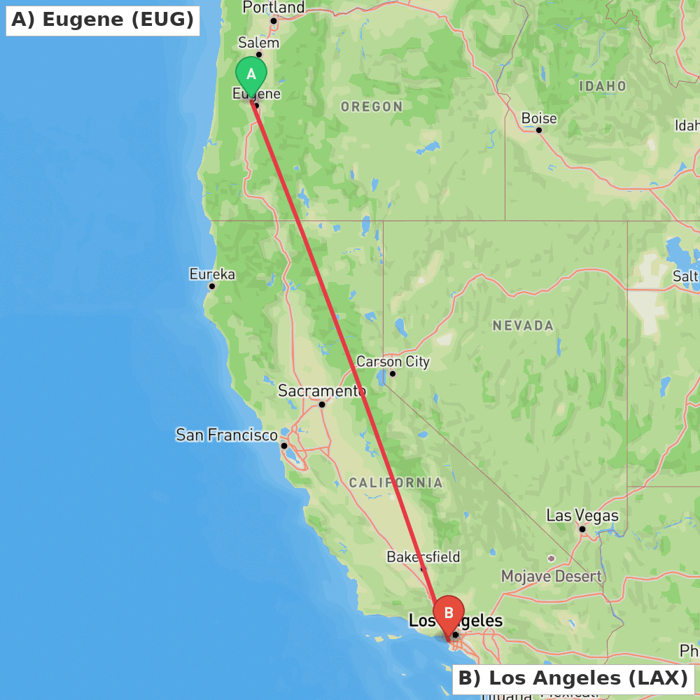 Flight route map from Eugene to Los Angeles