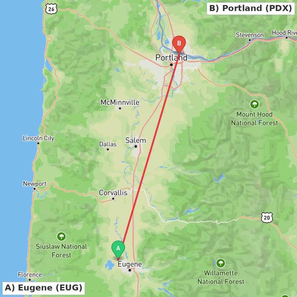 Flight route map from Eugene to Portland