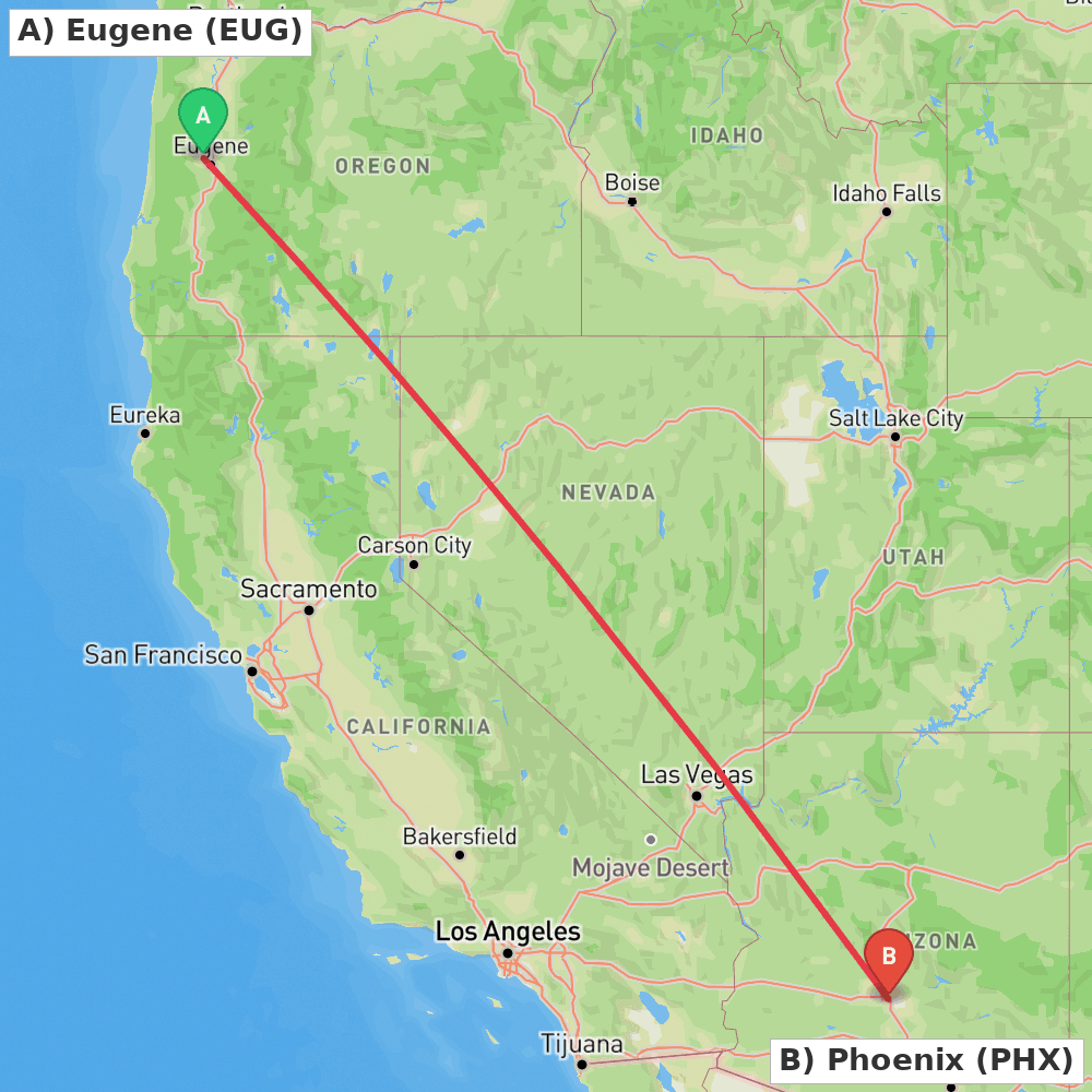 Flight route map from Eugene to Phoenix