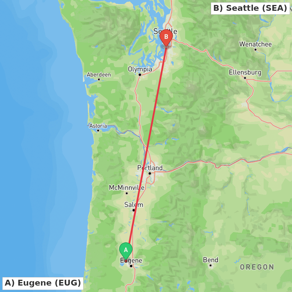 Flight route map from Eugene to Seattle