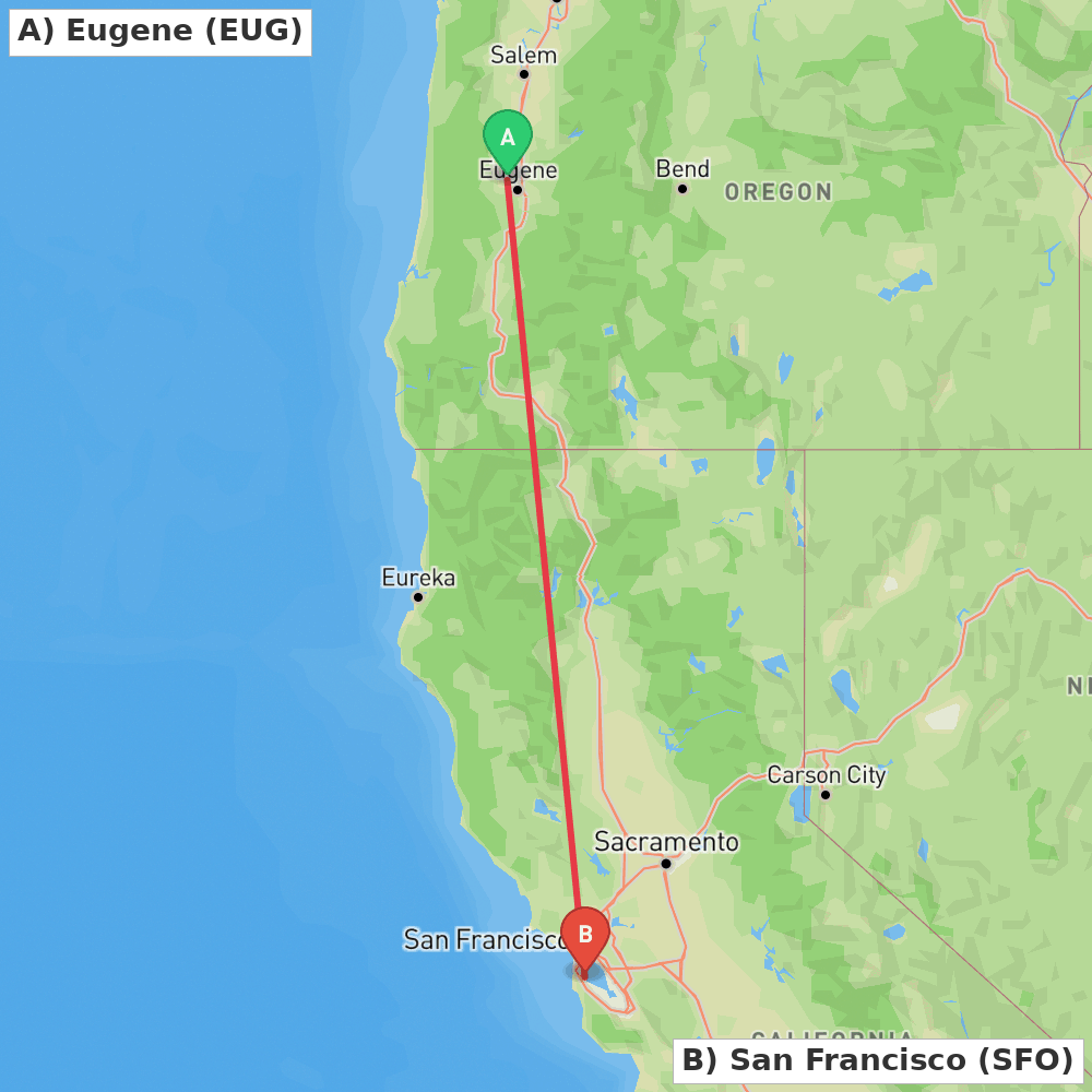 Flight route map from Eugene to San Francisco