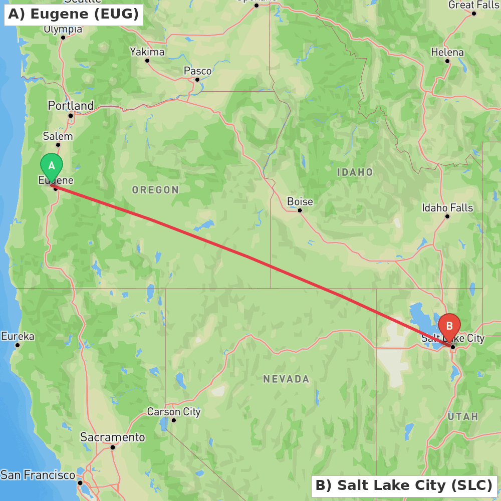 Flight route map from Eugene to Salt Lake City