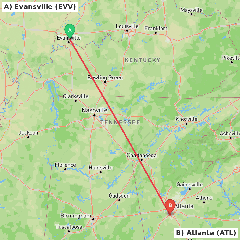 Flight route map from Evansville to Atlanta