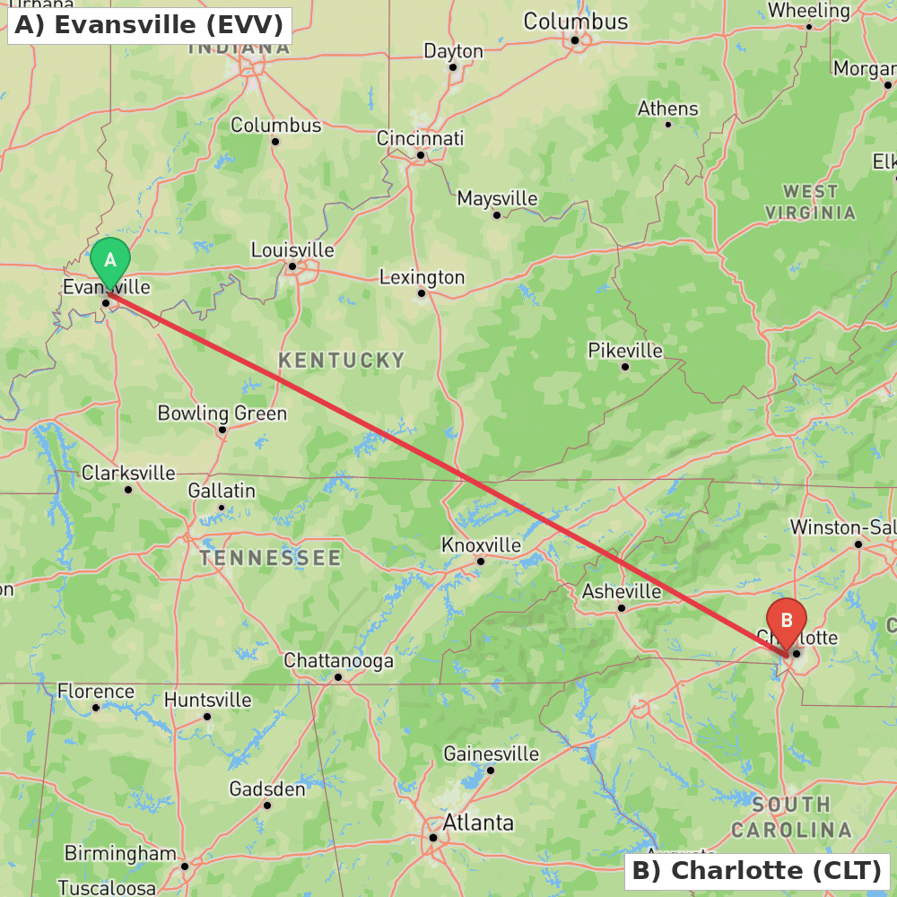 Flight route map from Evansville to Charlotte