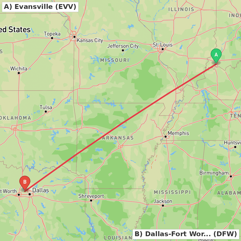 Flight route map from Evansville to Dallas-Fort Worth