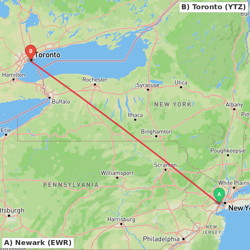 Flight route map from Newark to Toronto