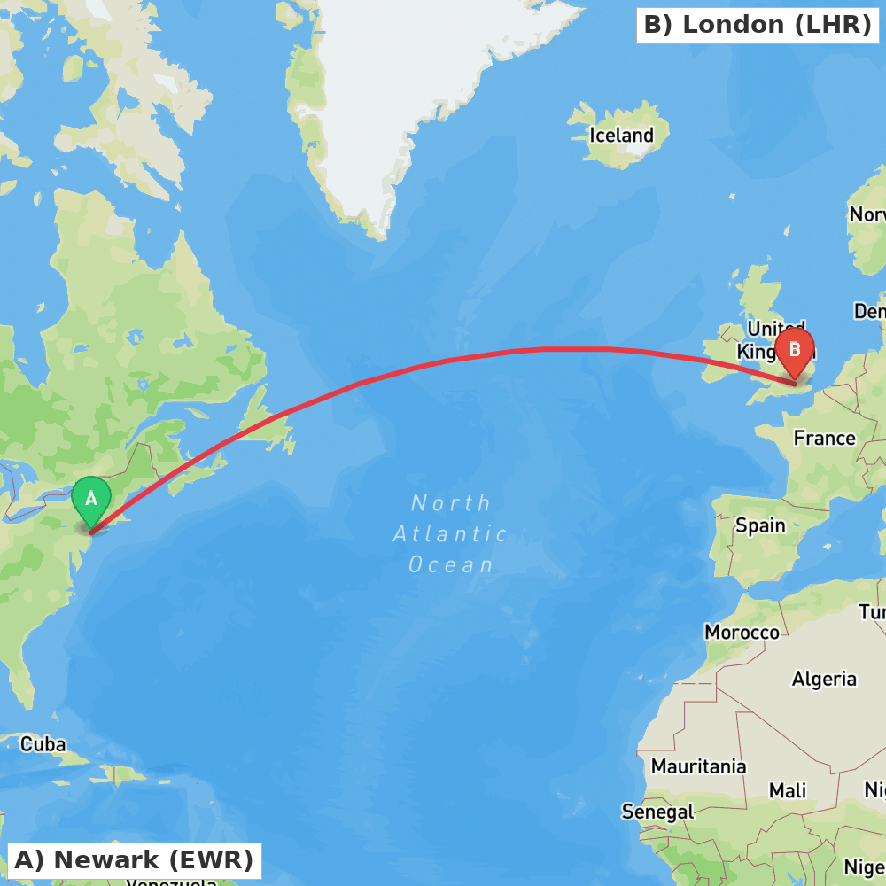 Flight route map from Newark to London