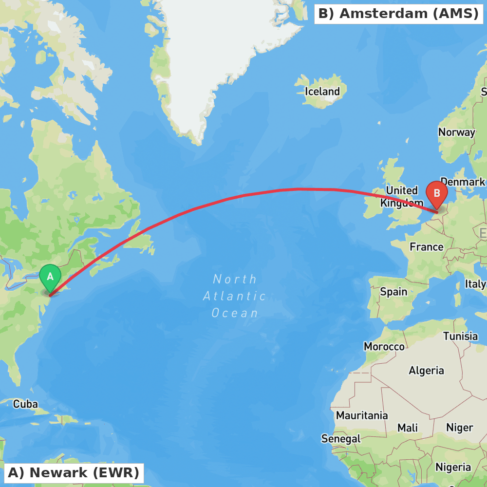 Flight route map from Newark to Amsterdam