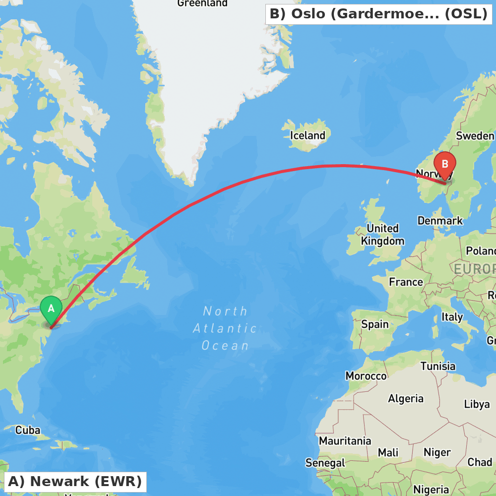 Flight route map from Newark to Oslo (Gardermoen)