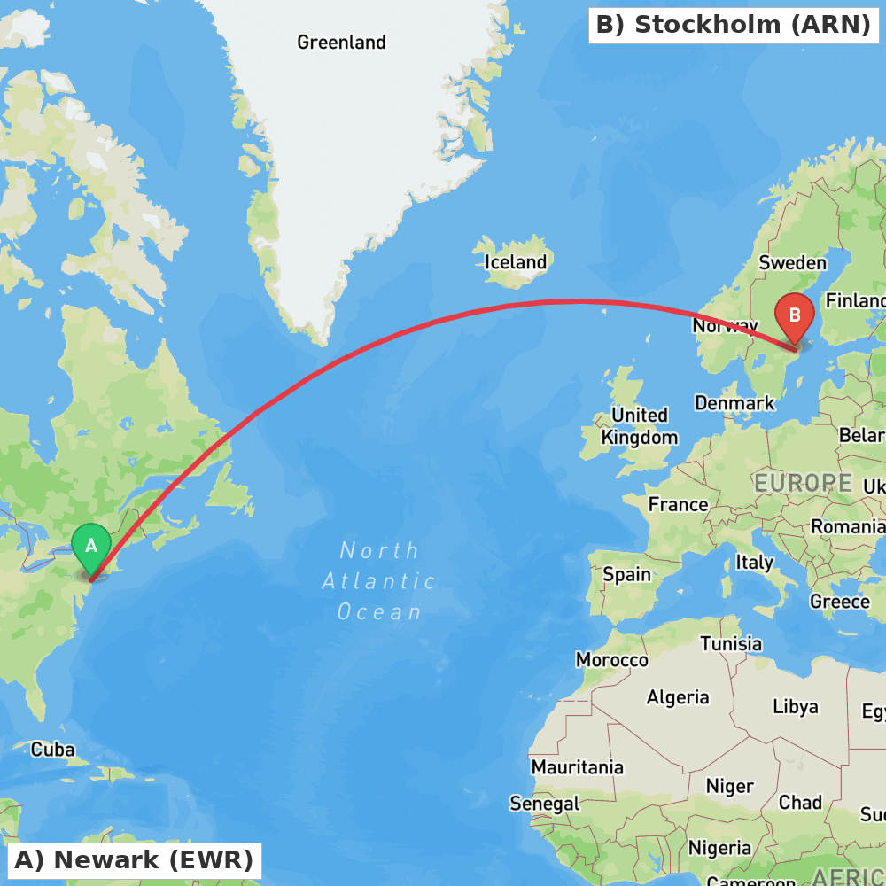 Flight route map from Newark to Stockholm