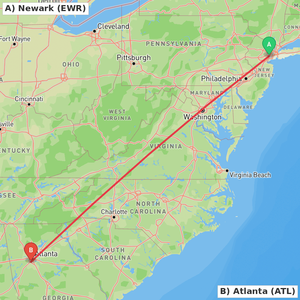 Flight route map from Newark to Atlanta