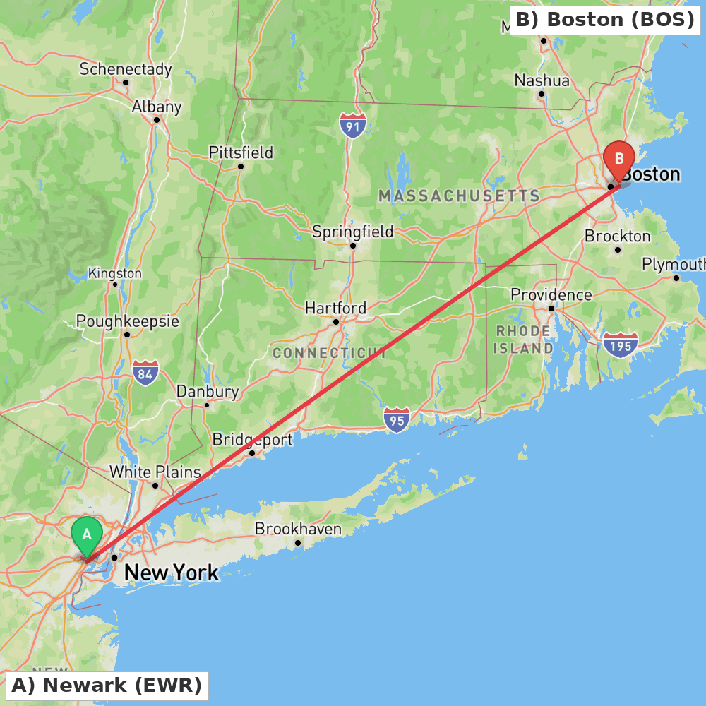 Flight route map from Newark to Boston