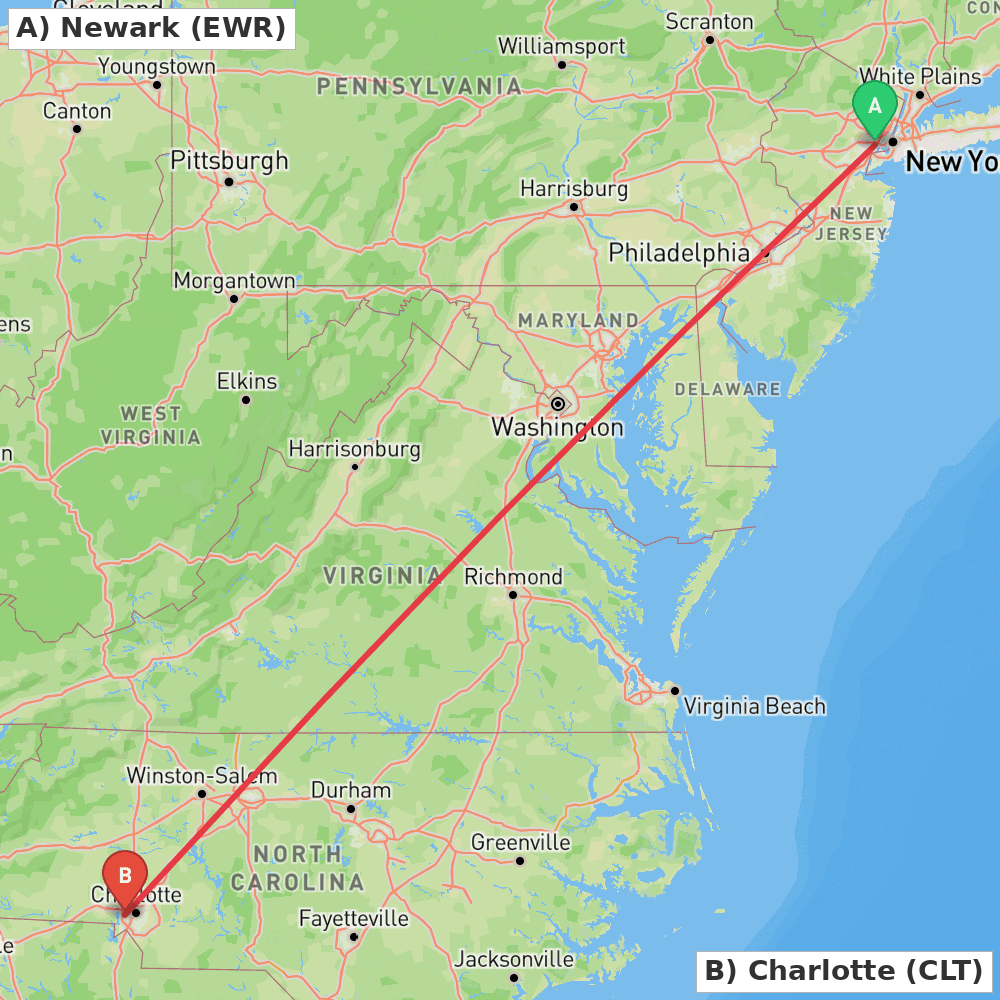 Flight route map from Newark to Charlotte
