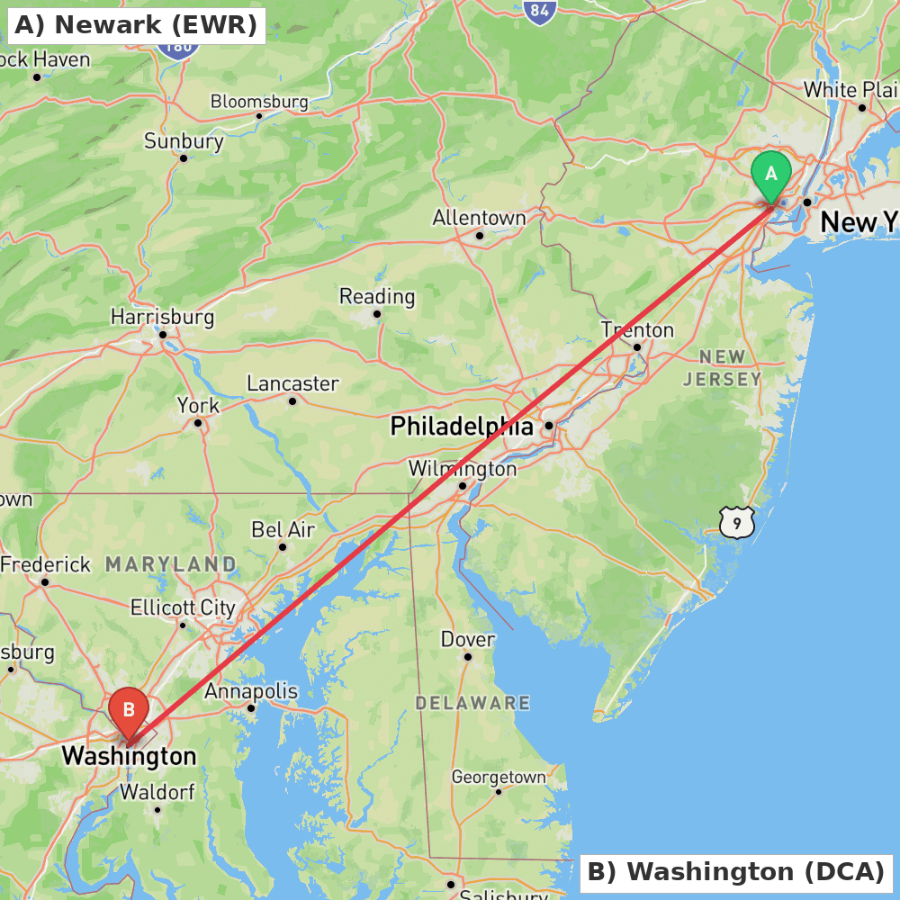 Flight route map from Newark to Washington