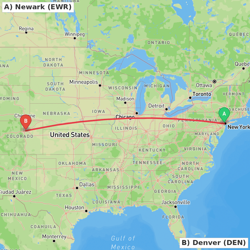 Flight route map from Newark to Denver