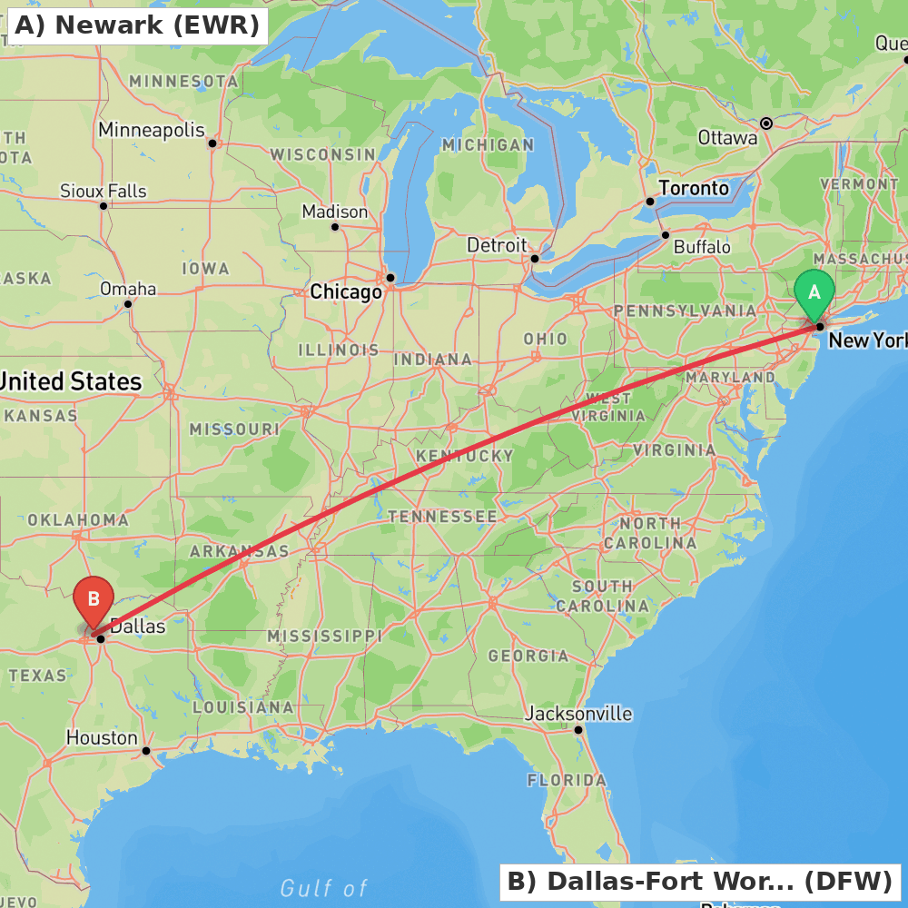 Flight route map from Newark to Dallas-Fort Worth