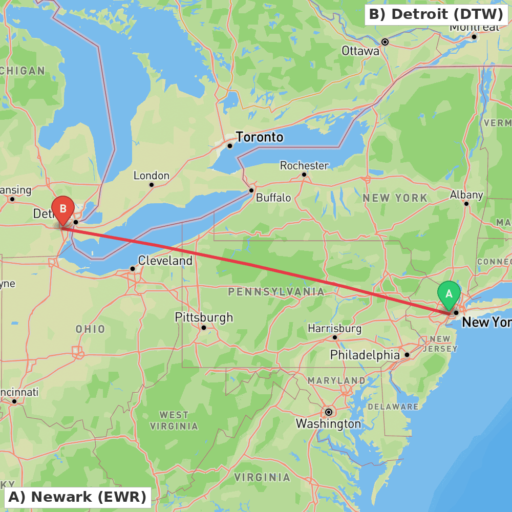 Flight route map from Newark to Detroit