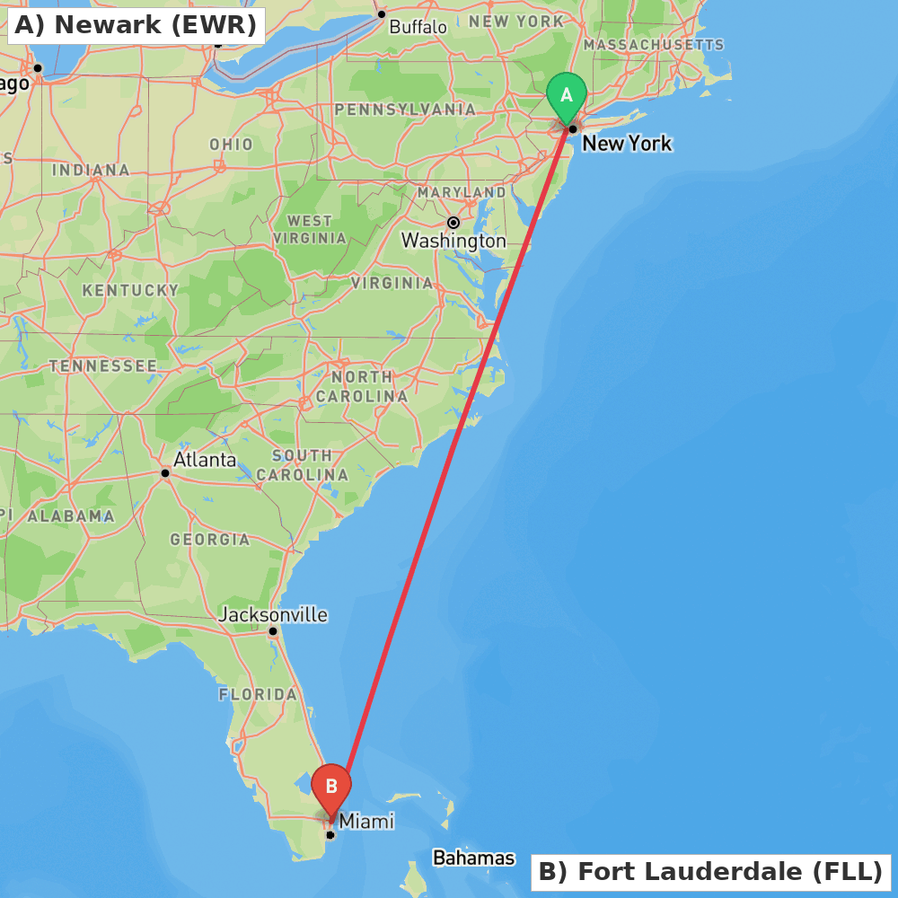 Flight route map from Newark to Fort Lauderdale
