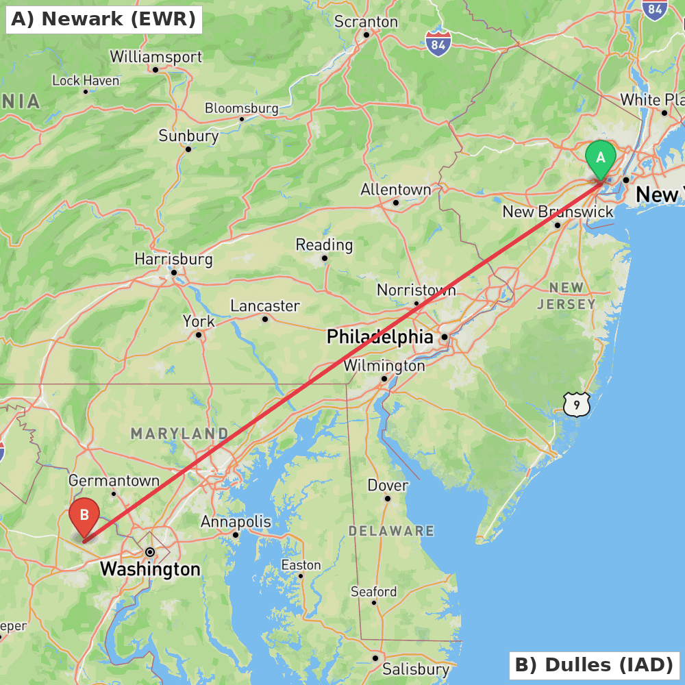 Flight route map from Newark to Dulles