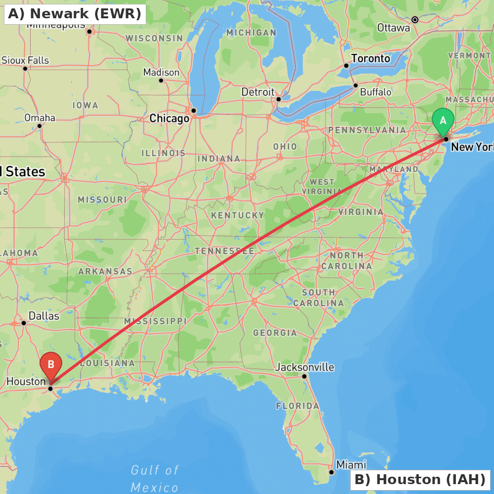 Flight route map from Newark to Houston