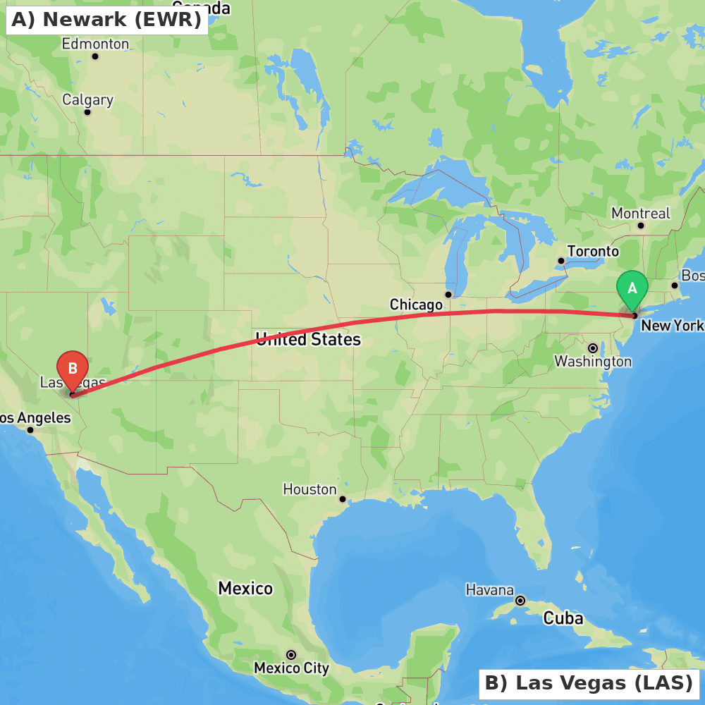 Flight route map from Newark to Las Vegas