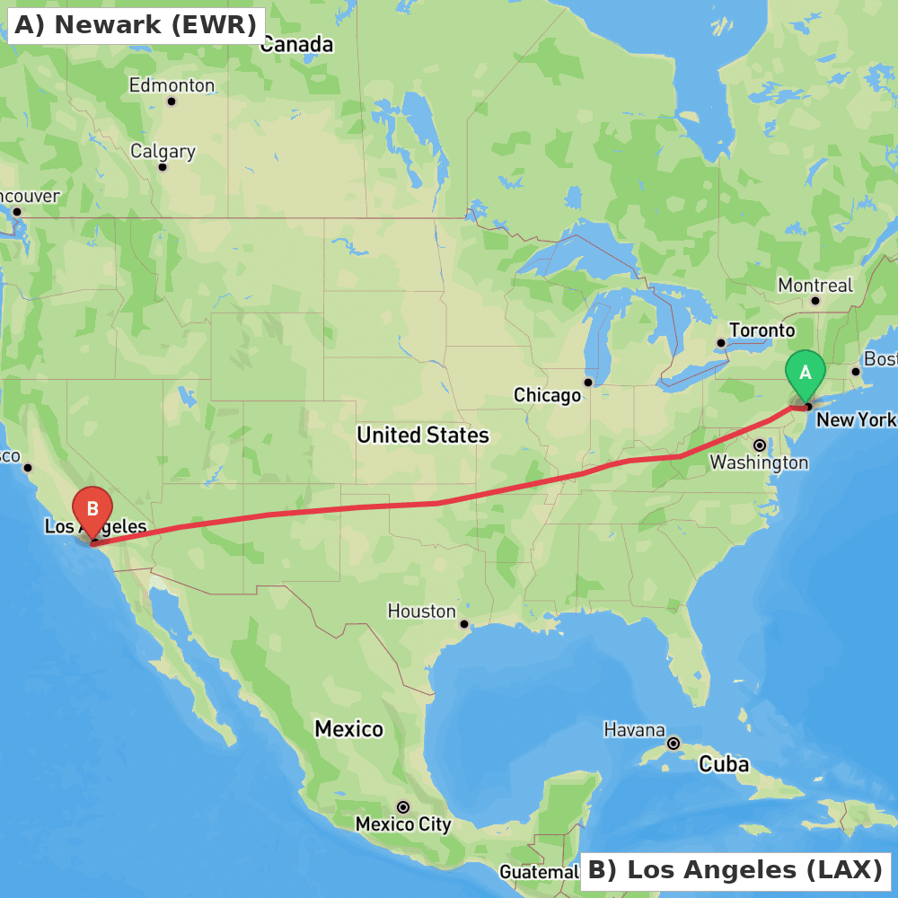 Flight route map from Newark to Los Angeles