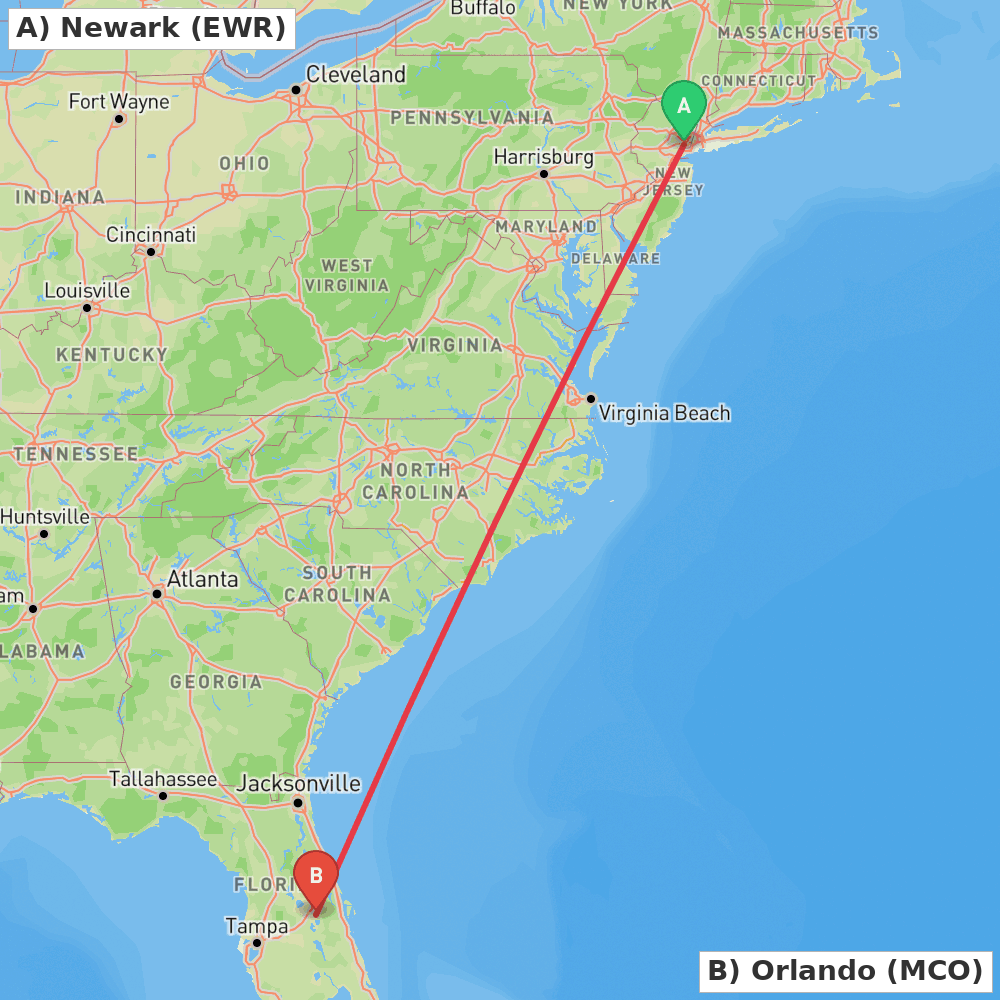 Flight route map from Newark to Orlando