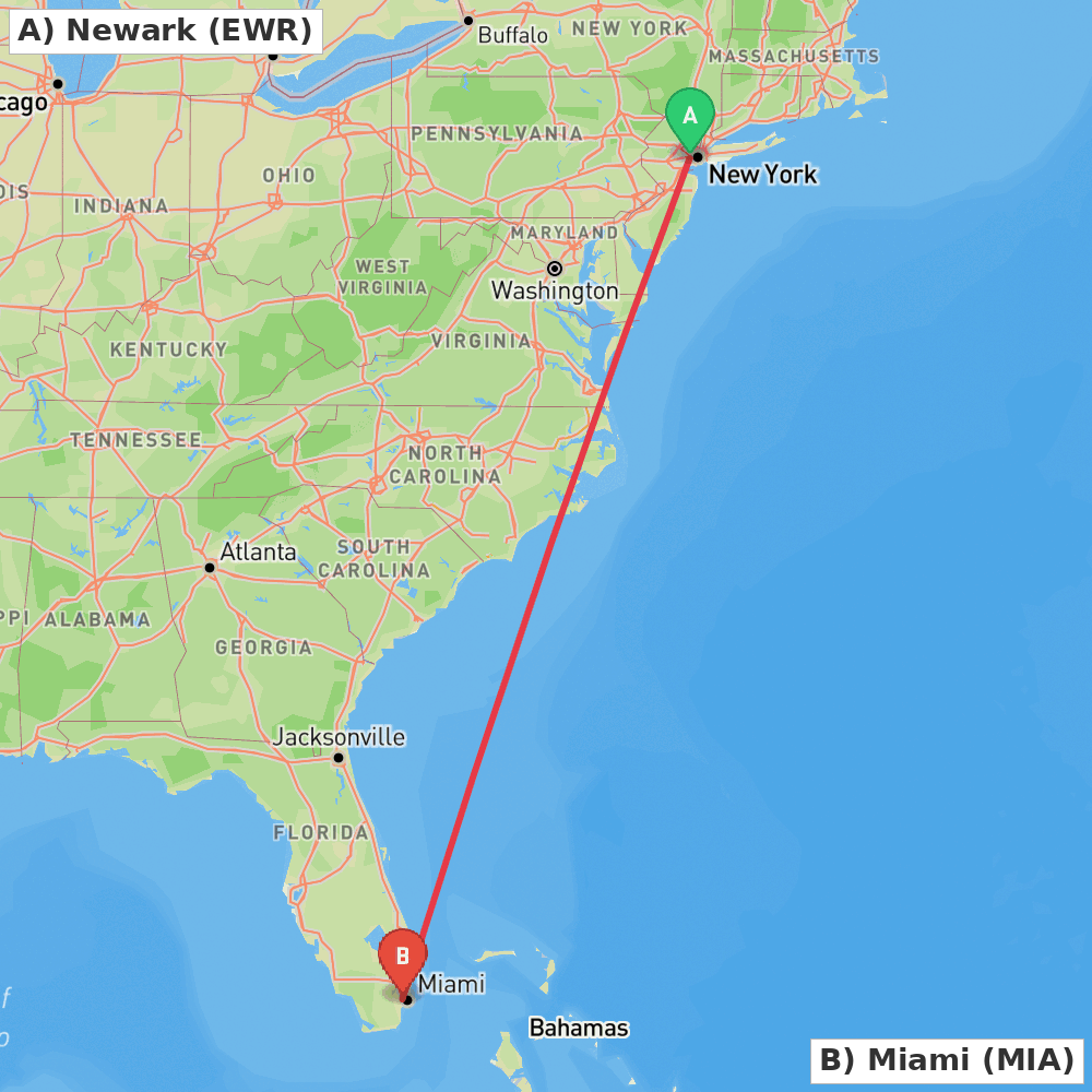 Flight route map from Newark to Miami