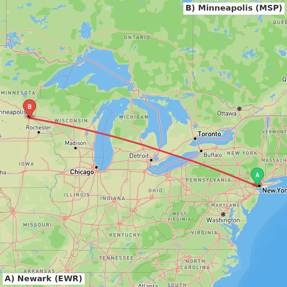 Flight route map from Newark to Minneapolis