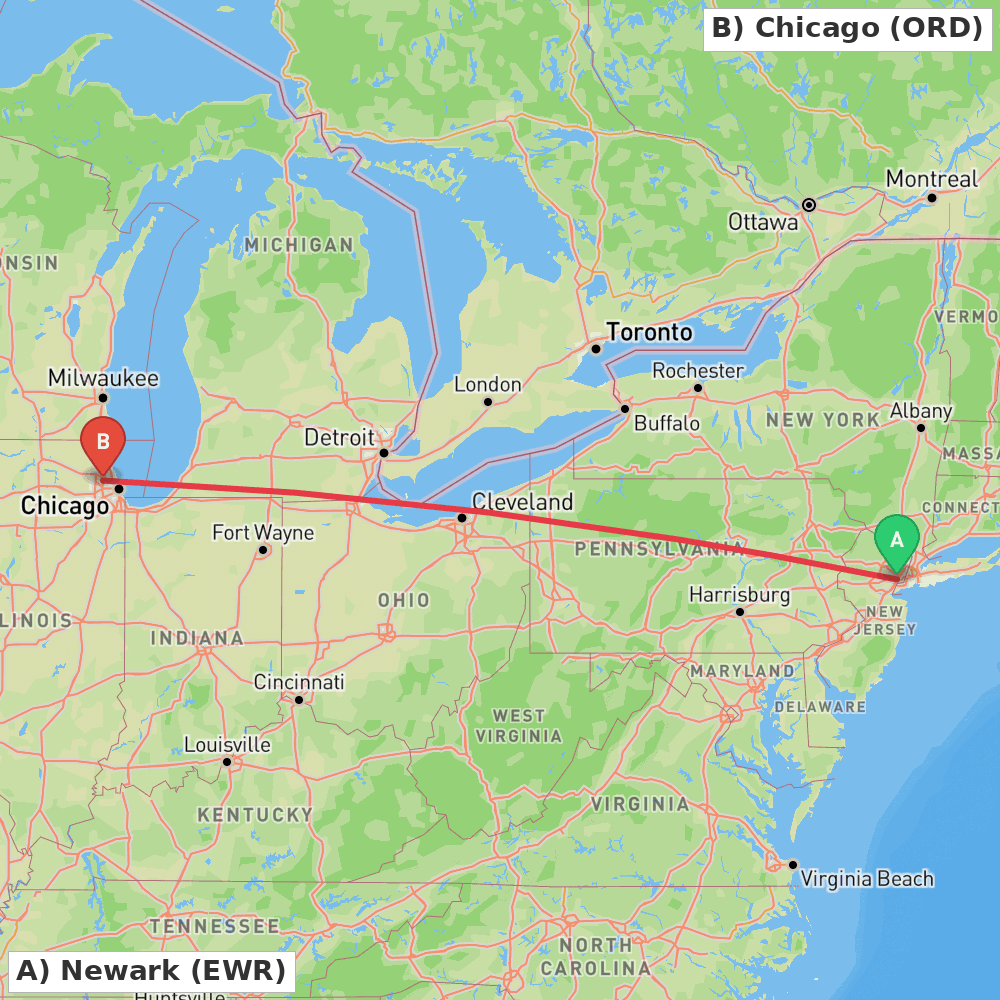 Flight route map from Newark to Chicago