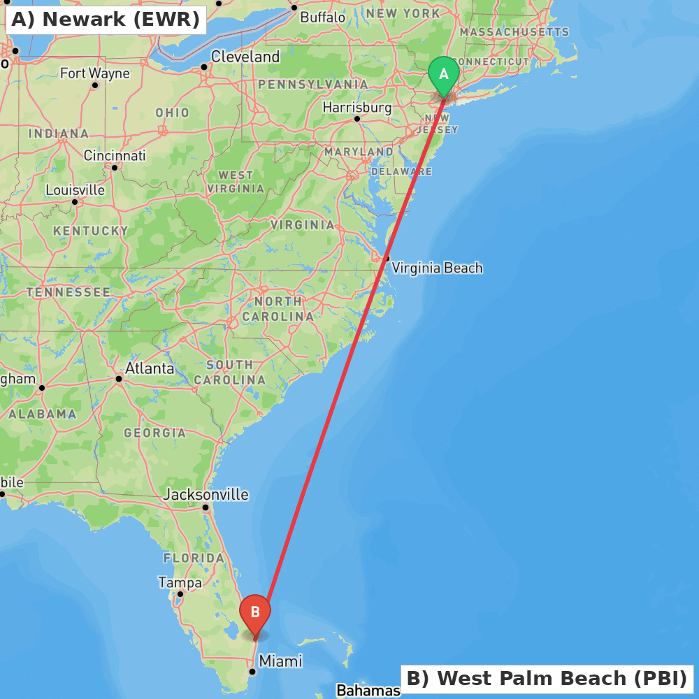 Flight route map from Newark to West Palm Beach