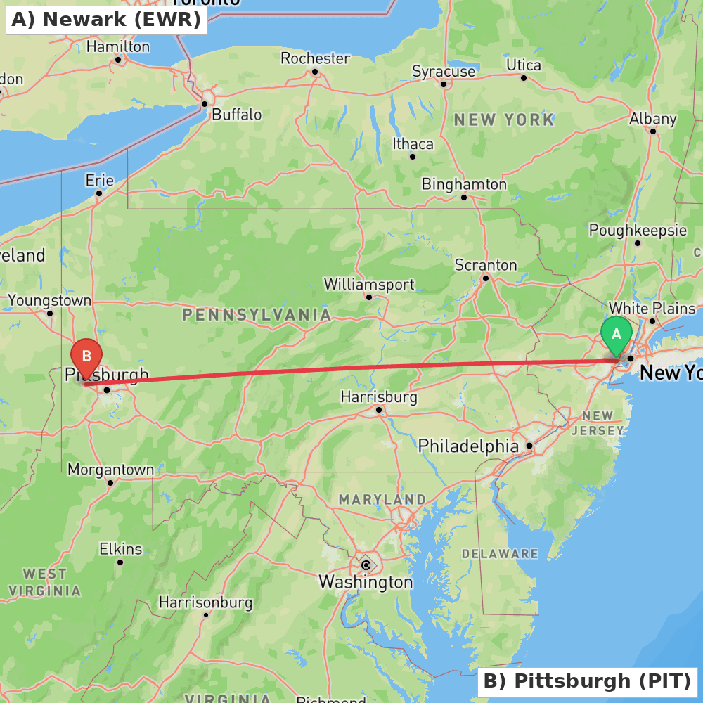 Flight route map from Newark to Pittsburgh