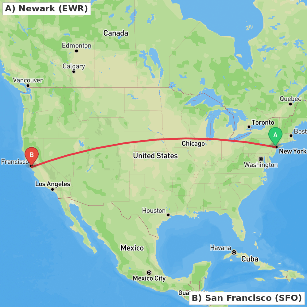 Flight route map from Newark to San Francisco