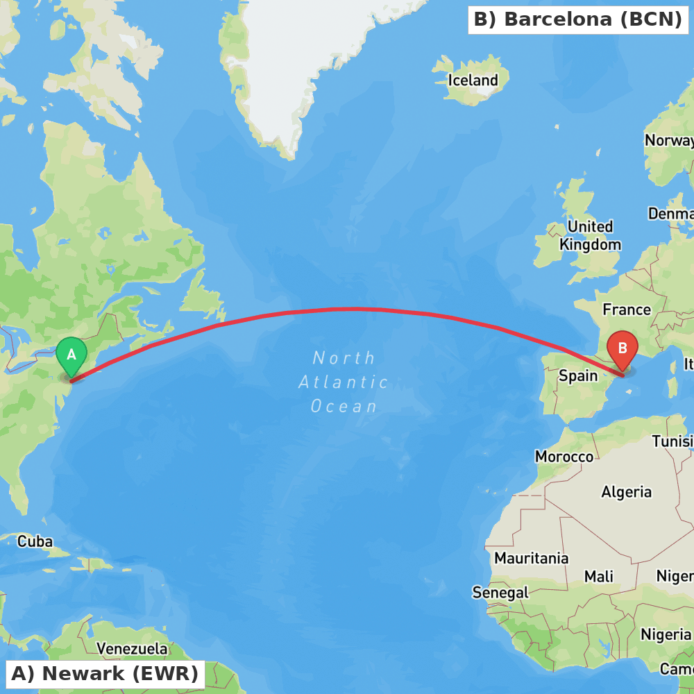 Flight route map from Newark to Barcelona