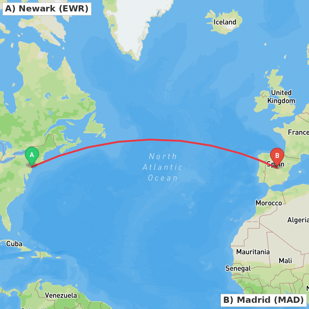 Flight route map from Newark to Madrid