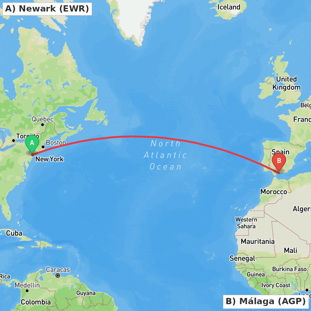 Flight route map from Newark to Málaga