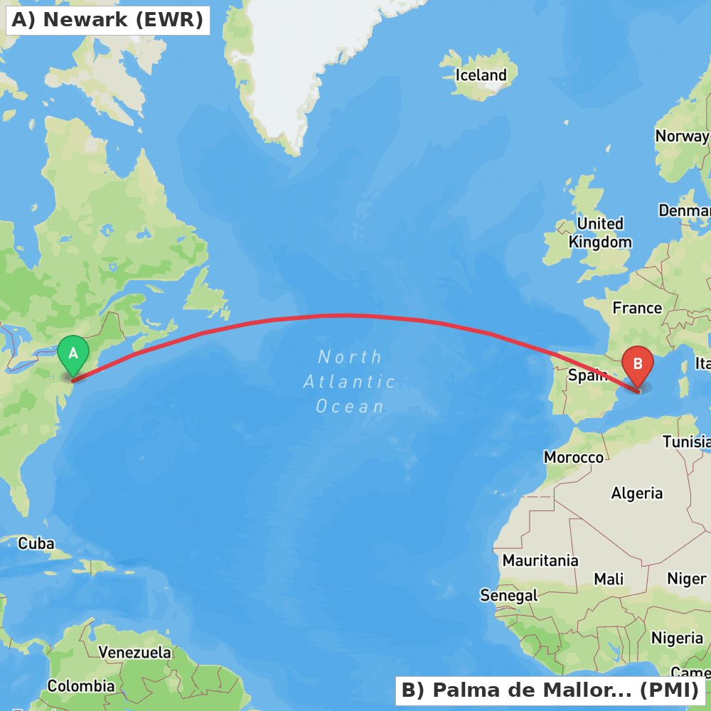 Flight route map from Newark to Palma de Mallorca