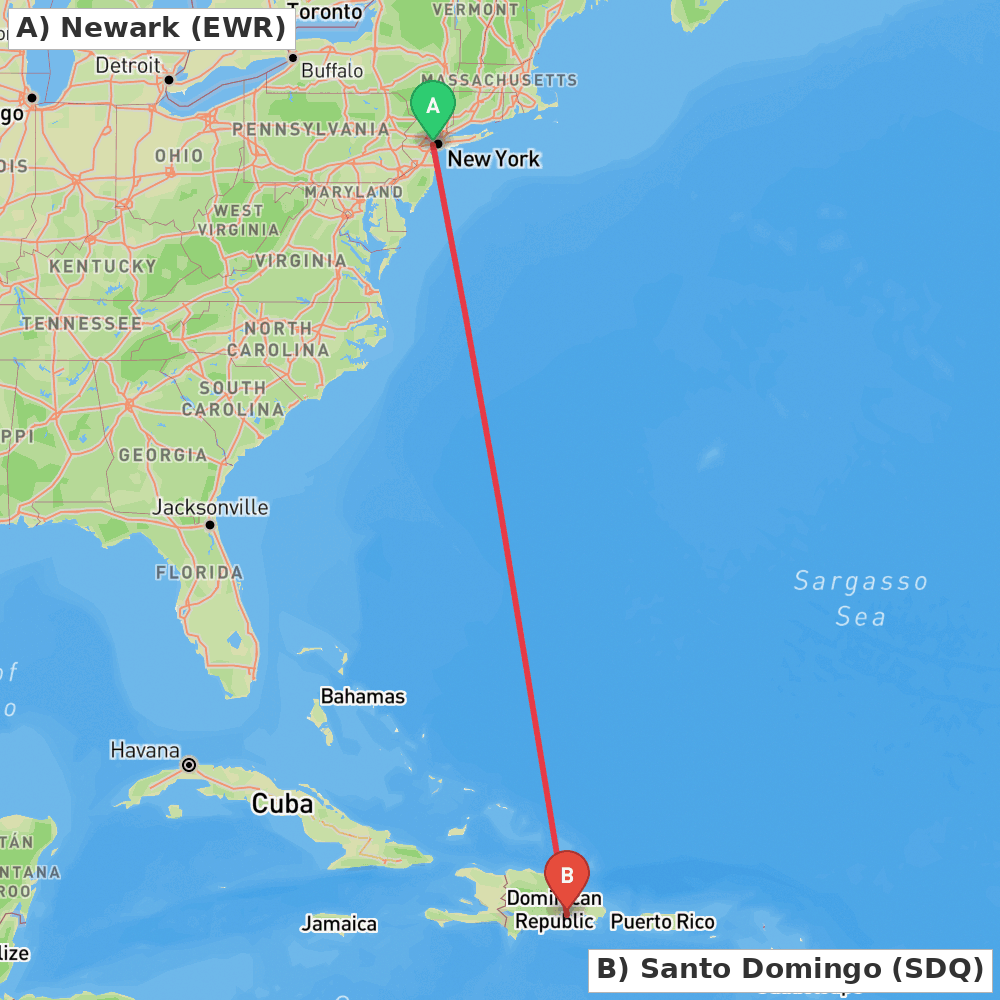 Flight route map from Newark to Santo Domingo