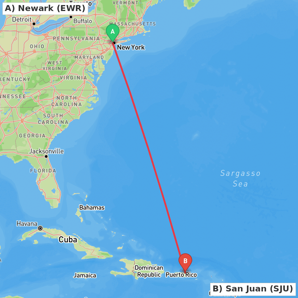Flight route map from Newark to San Juan