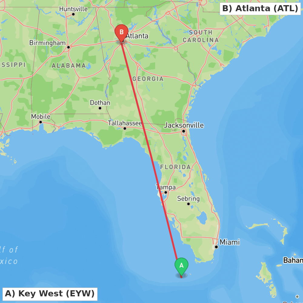 Flight route map from Key West to Atlanta