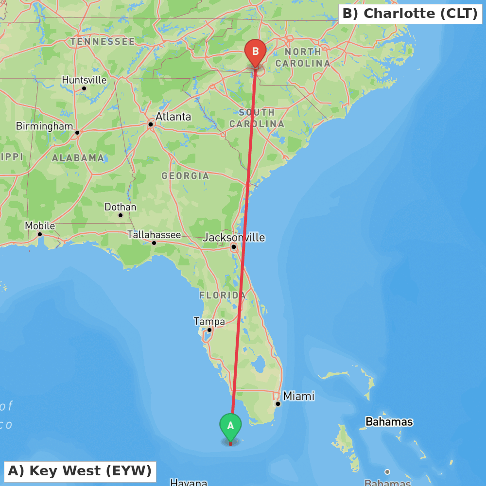 Flight route map from Key West to Charlotte