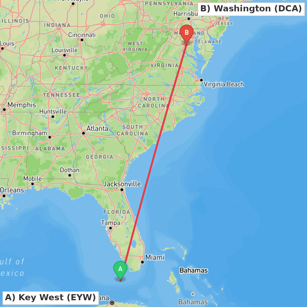 Flight route map from Key West to Washington