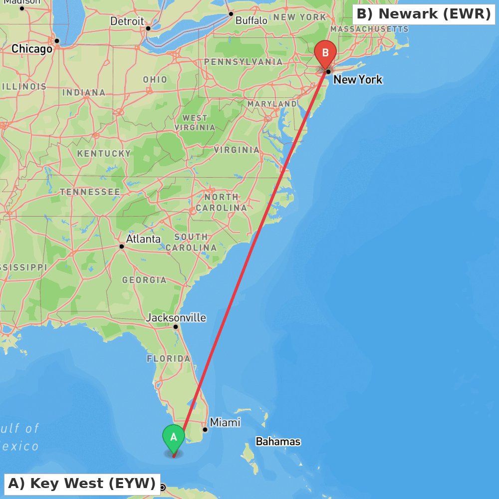 Flight route map from Key West to Newark