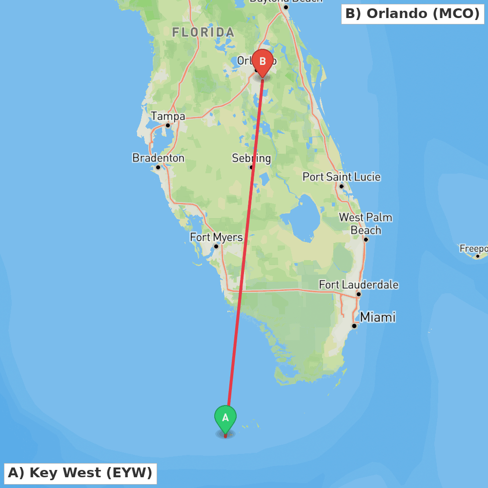 Flight route map from Key West to Orlando